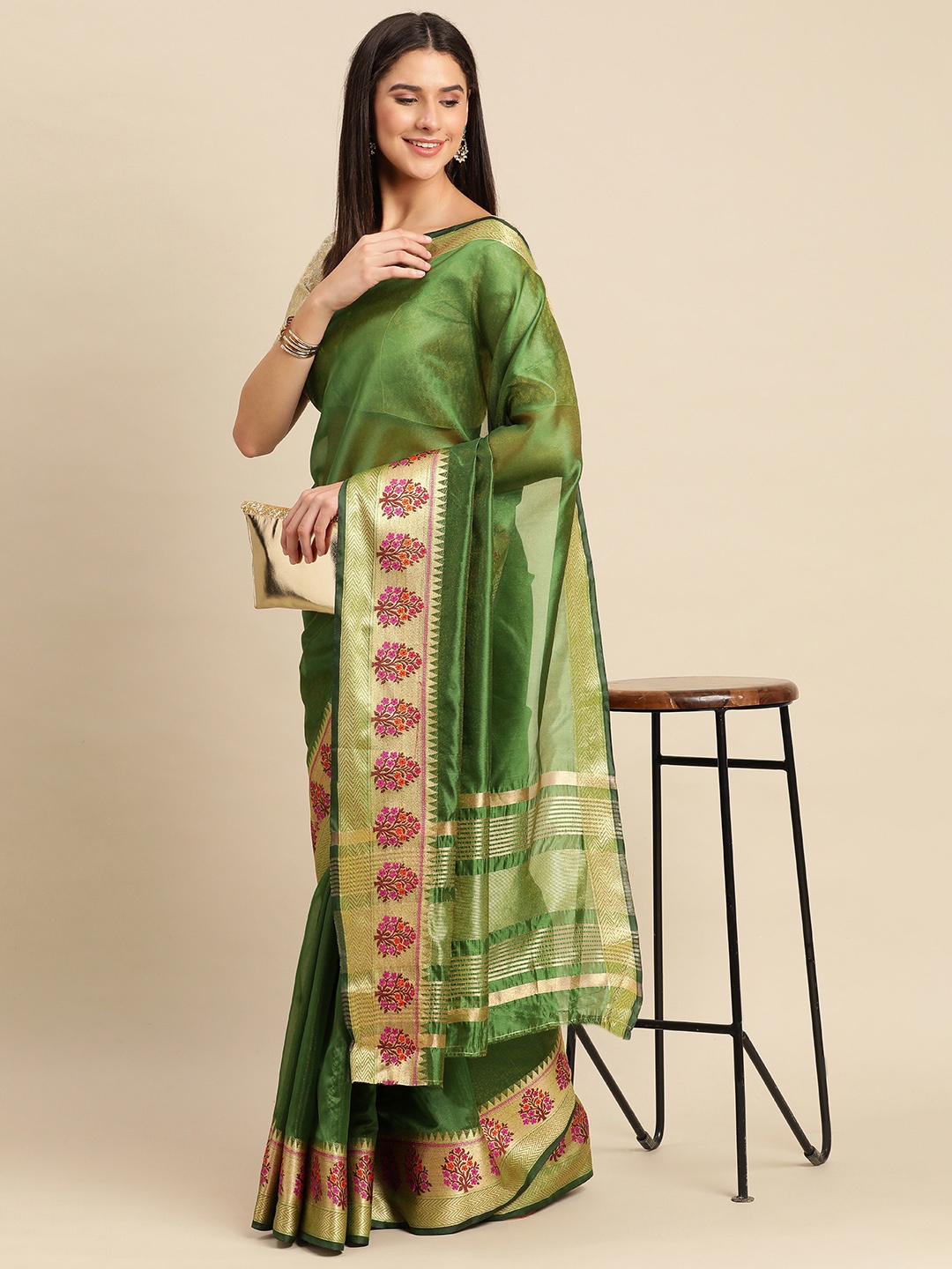 

Indian Women Zari Silk Cotton Saree, Green