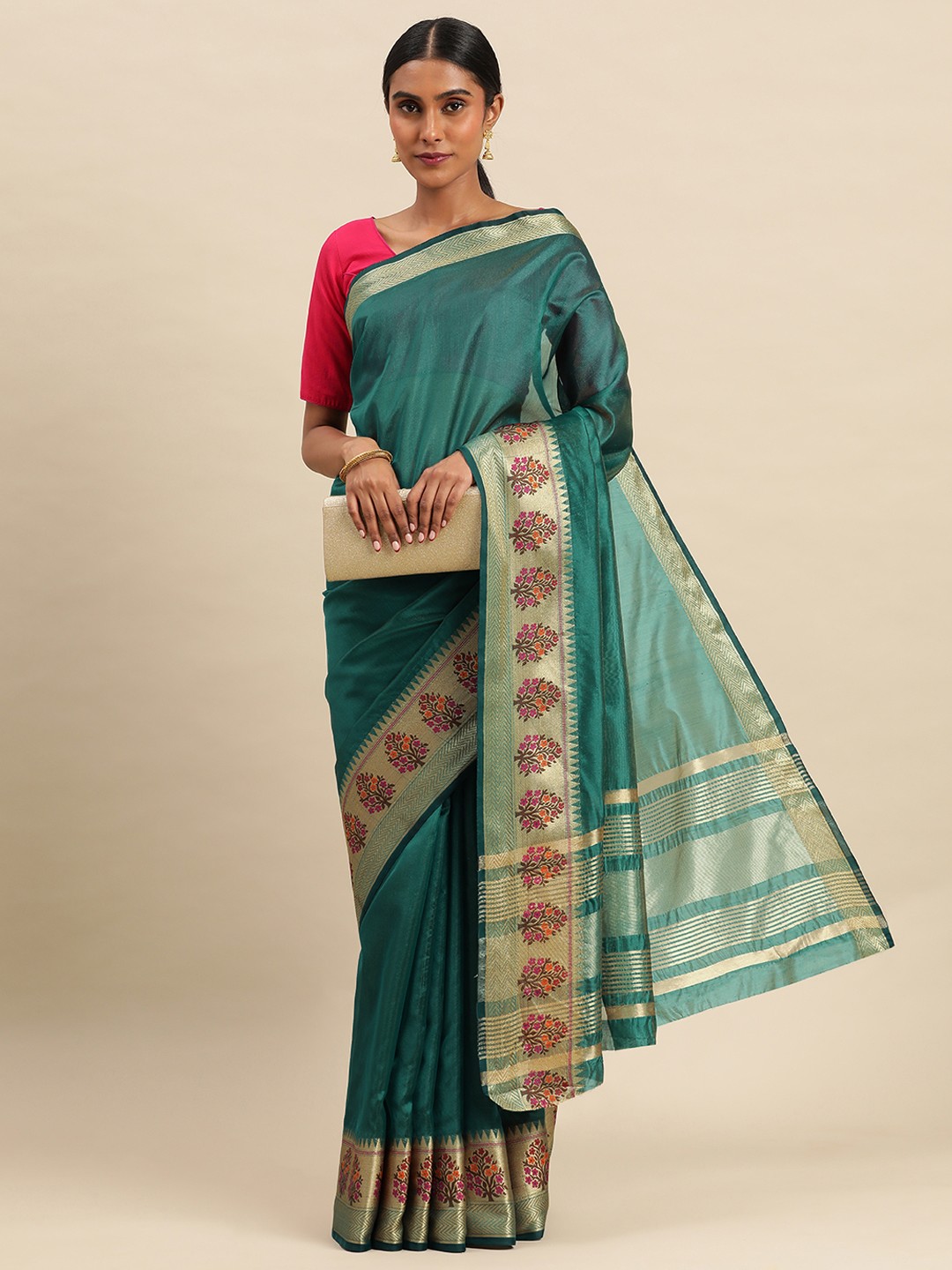 

Indian Women Zari Saree, Teal