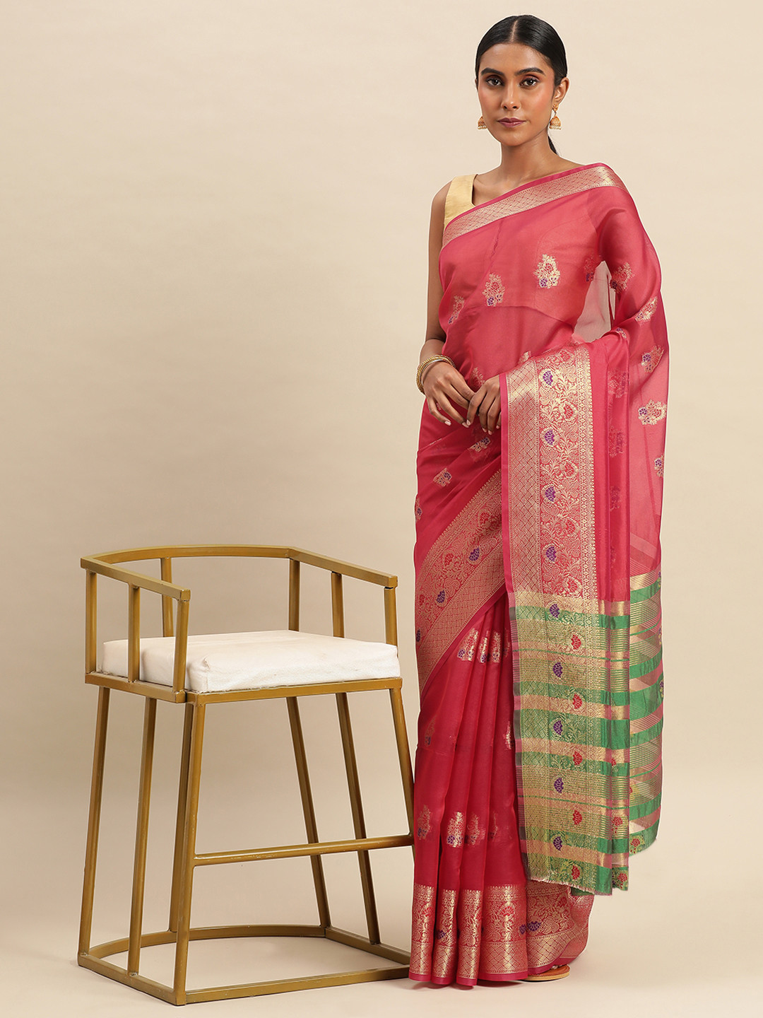 

Indian Women Zari Organza Saree, Pink