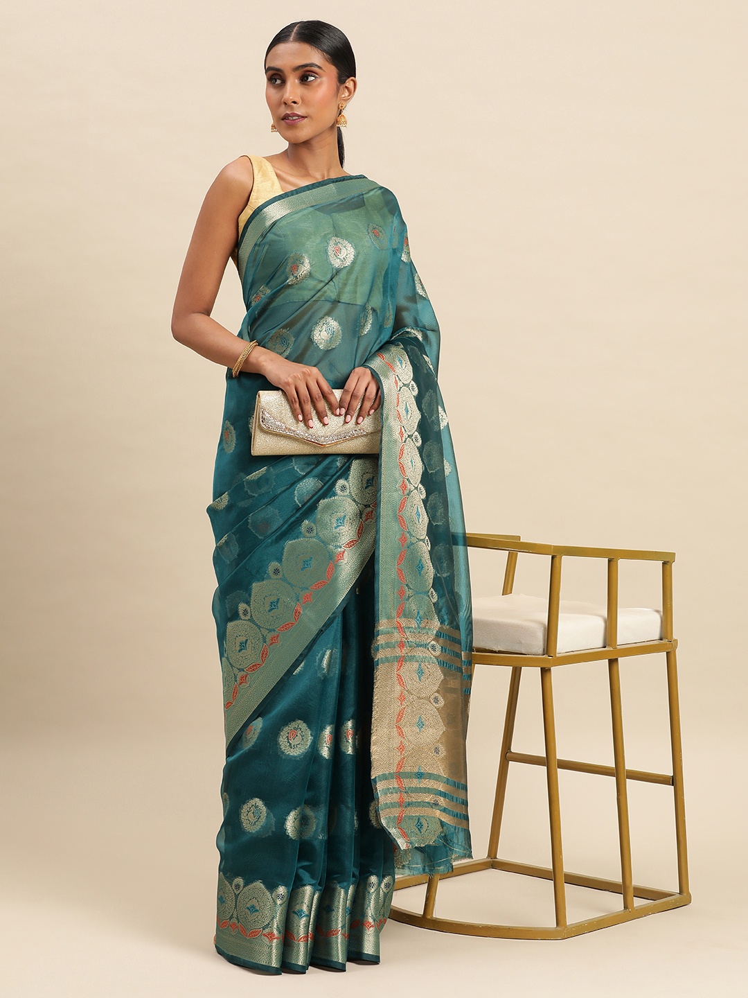 

Indian Women Ethnic Motifs Zari Organza Saree, Teal