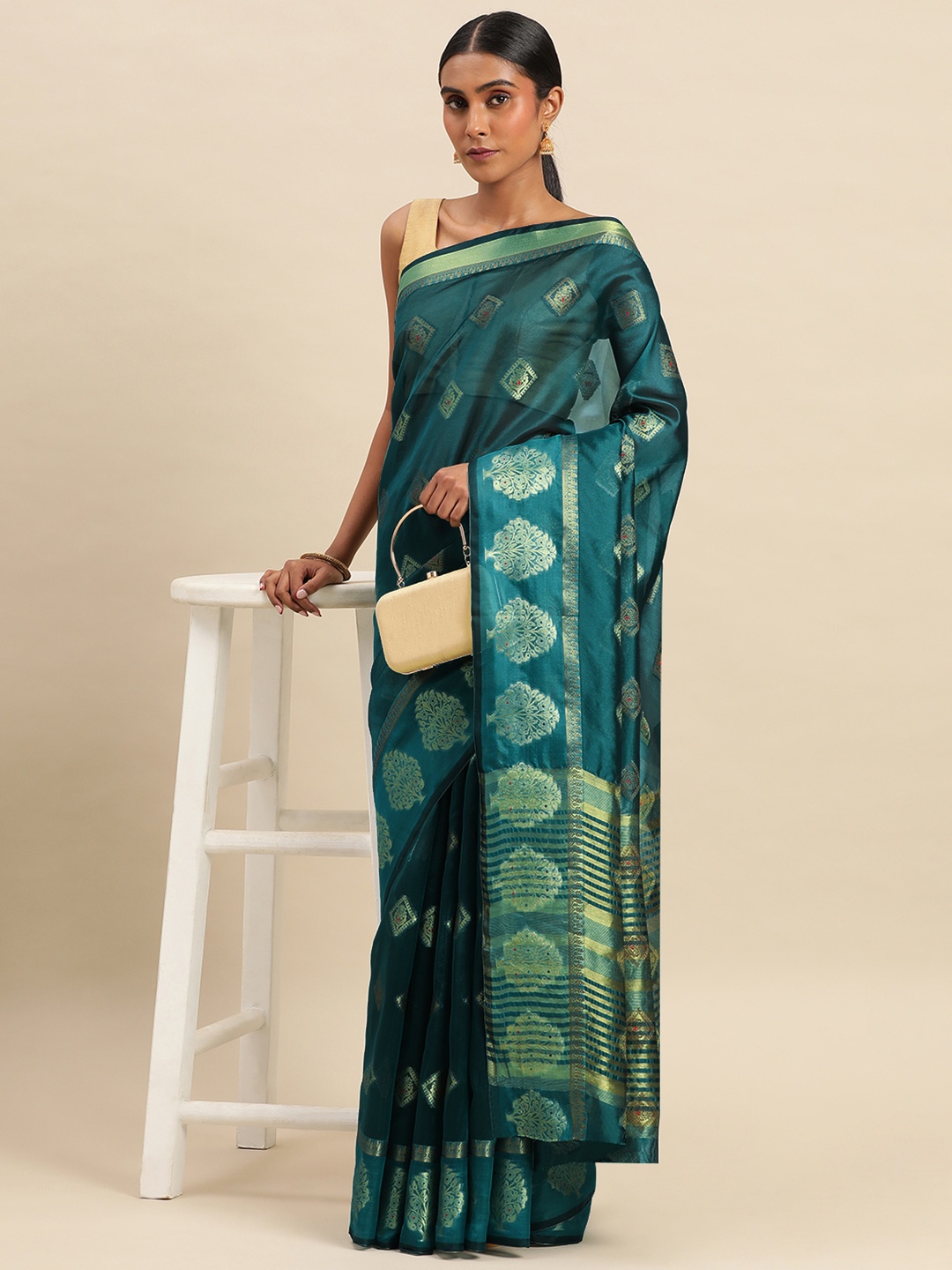 

Indian Women Ethnic Motifs Zari Organza Saree, Teal