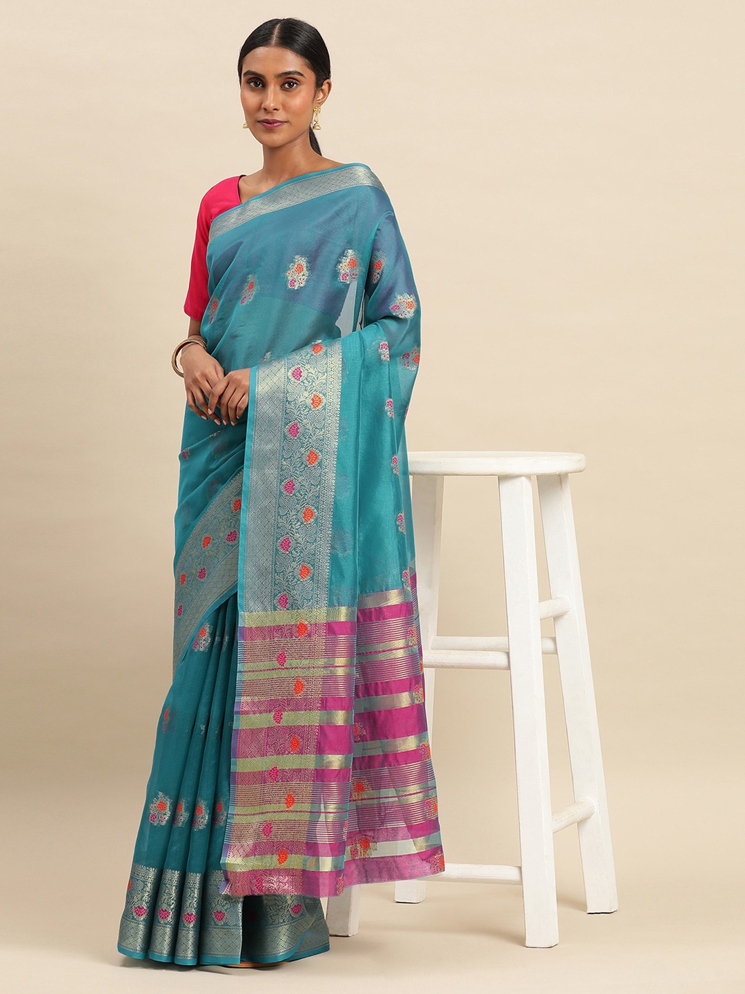 

Indian Women Ethnic Motifs Zari Organza Saree, Turquoise blue