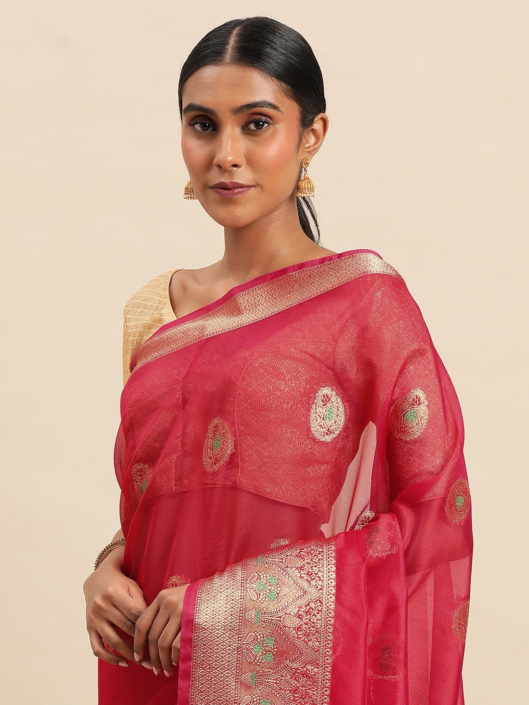 

Indian Women Ethnic Motifs Zari Organza Saree, Pink