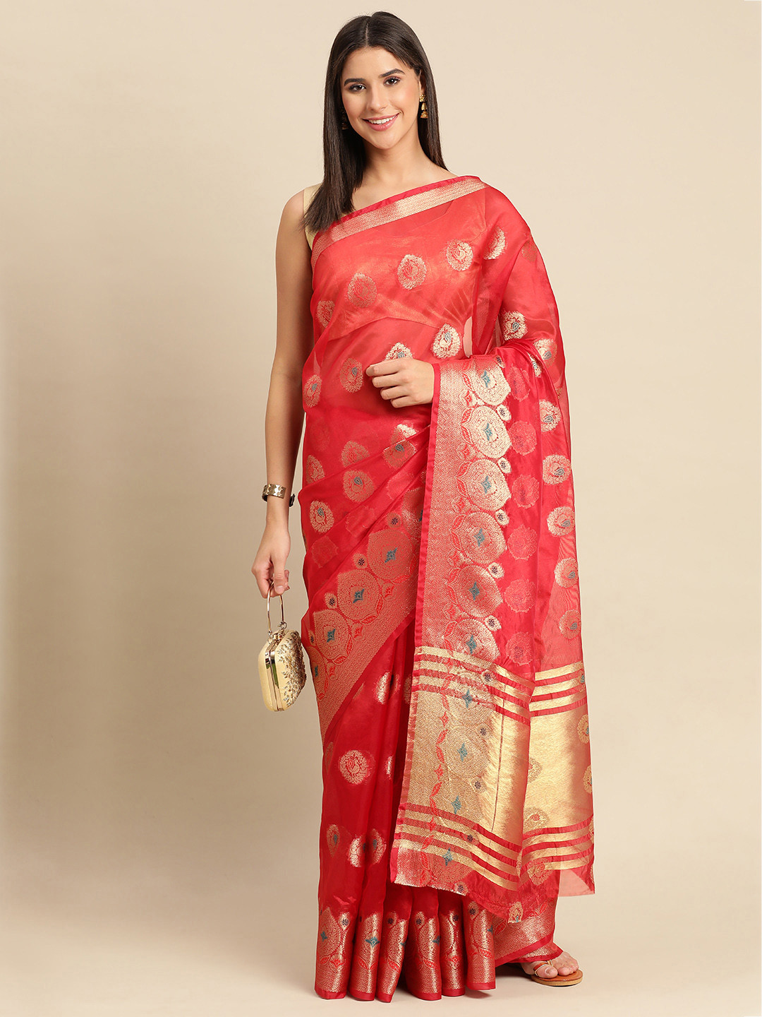 

Indian Women Ethnic Motifs Zari Organza Saree, Coral