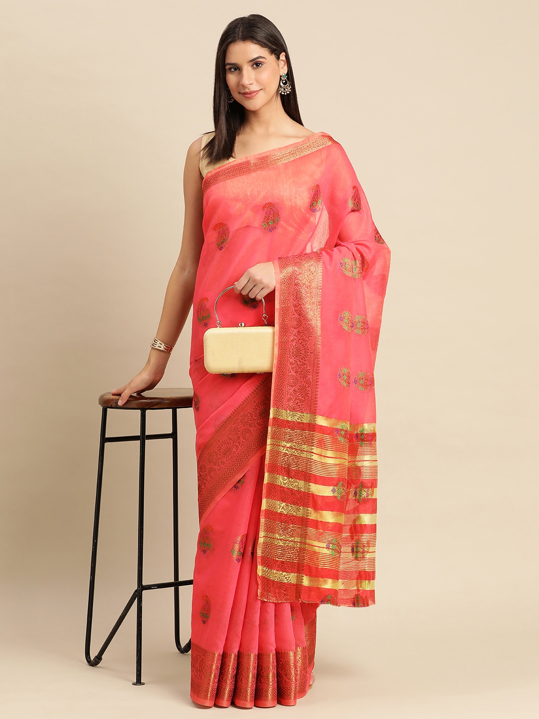 

Indian Women Ethnic Motifs Zari Silk Cotton Saree, Pink