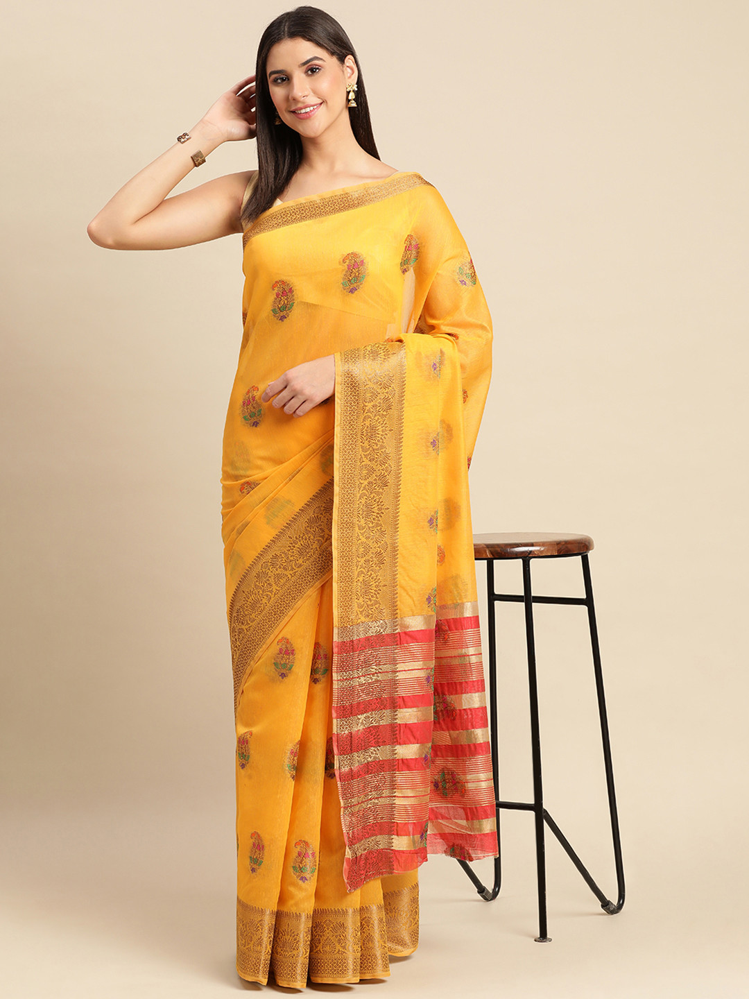 

Indian Women Ethnic Motifs Zari Silk Cotton Saree, Yellow