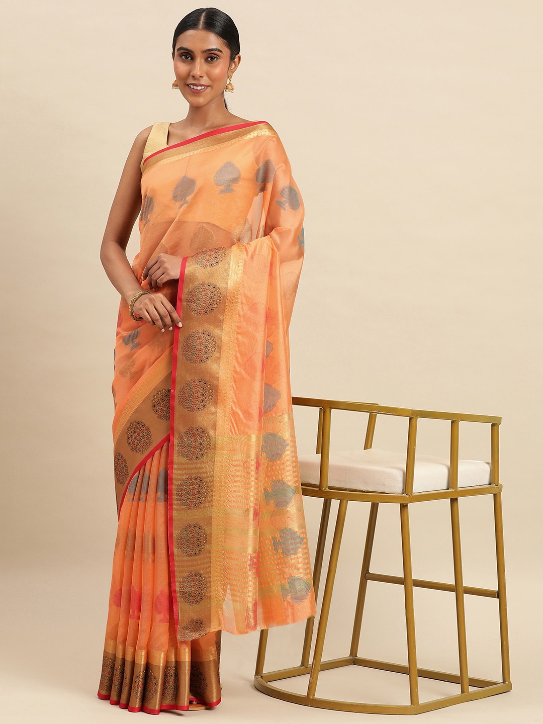 

Indian Women Ethnic Motifs Zari Organza Saree, Peach