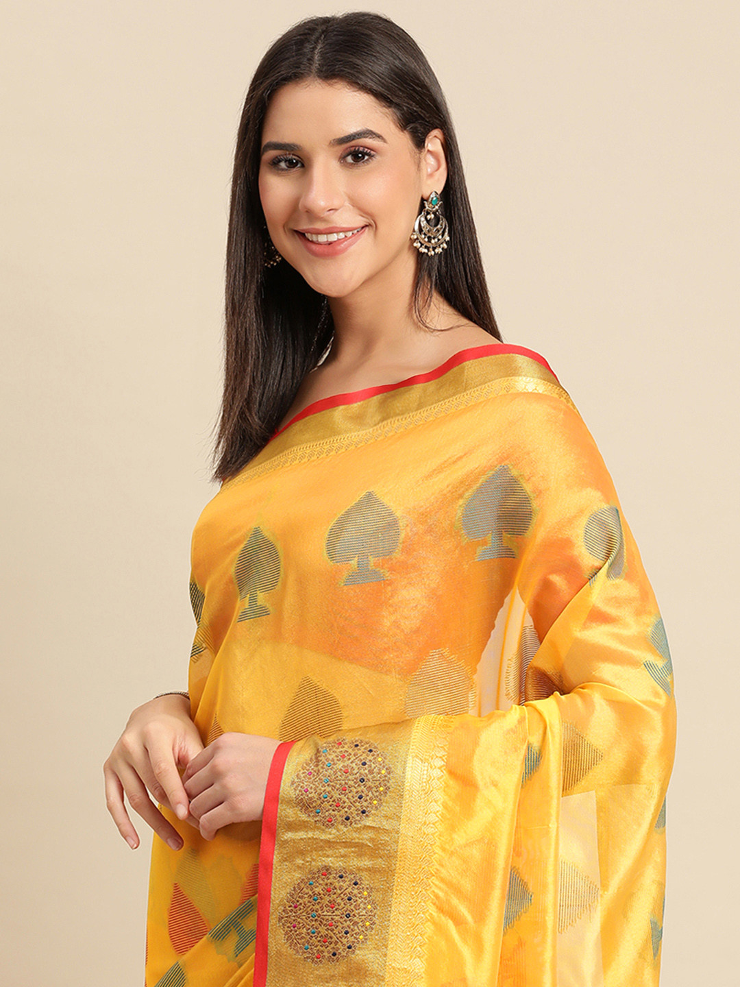 

Indian Women Ethnic Motifs Zari Organza Saree, Yellow