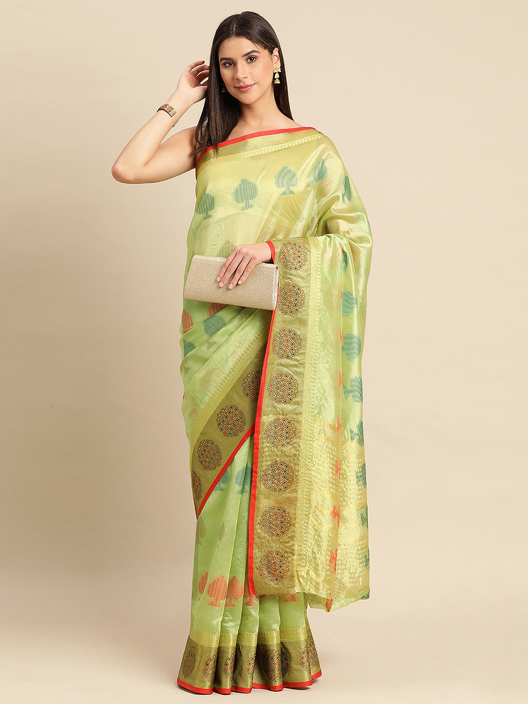 

Indian Women Ethnic Motifs Zari Organza Saree, Lime green