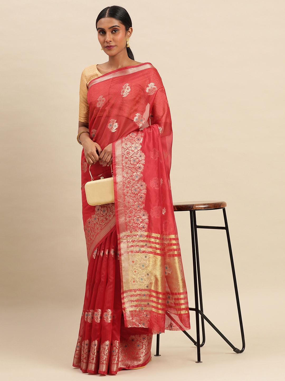 

Indian Women Floral Zari Saree, Red
