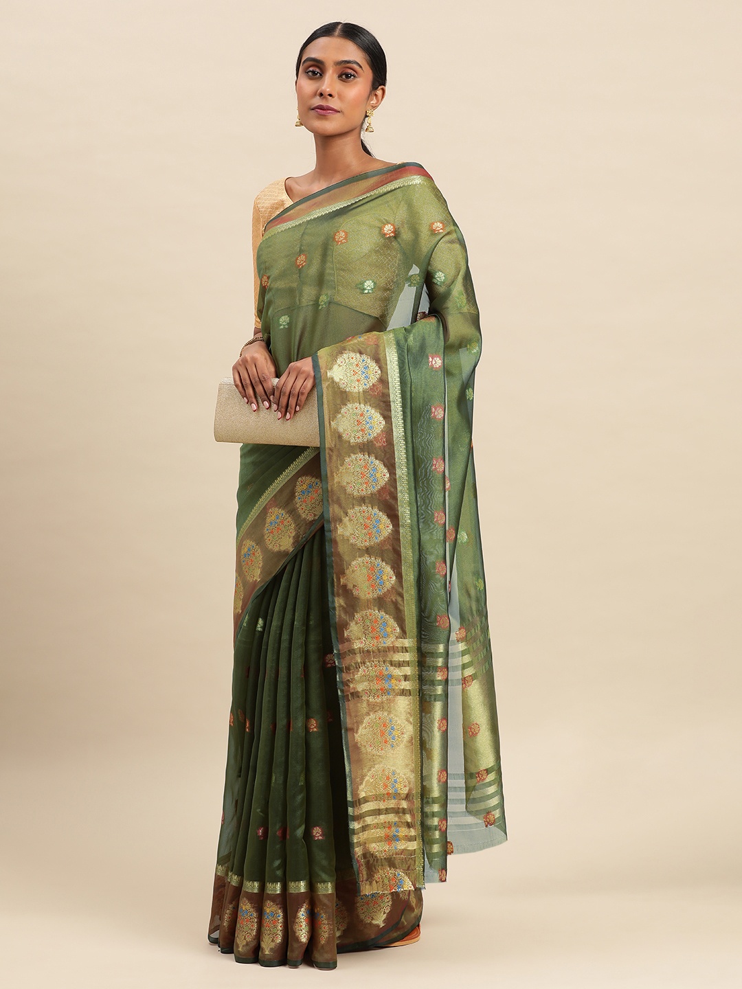 

Indian Women Floral Zari Organza Saree, Green