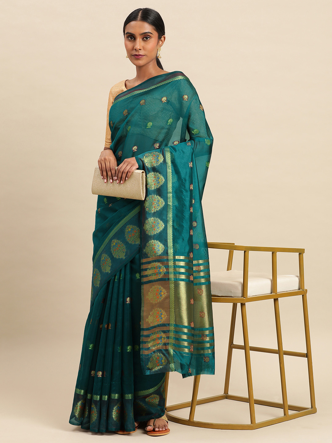 

Indian Women Floral Zari Organza Saree, Blue