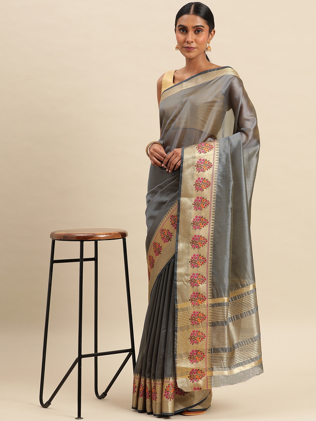 

Indian Women Ethnic Motifs Zari Silk Cotton Saree, Grey