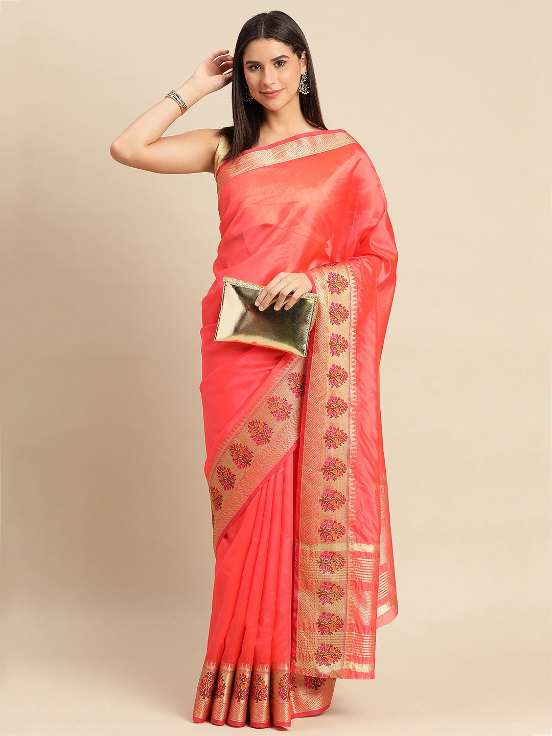 

Indian Women Zari Silk Cotton Saree, Coral