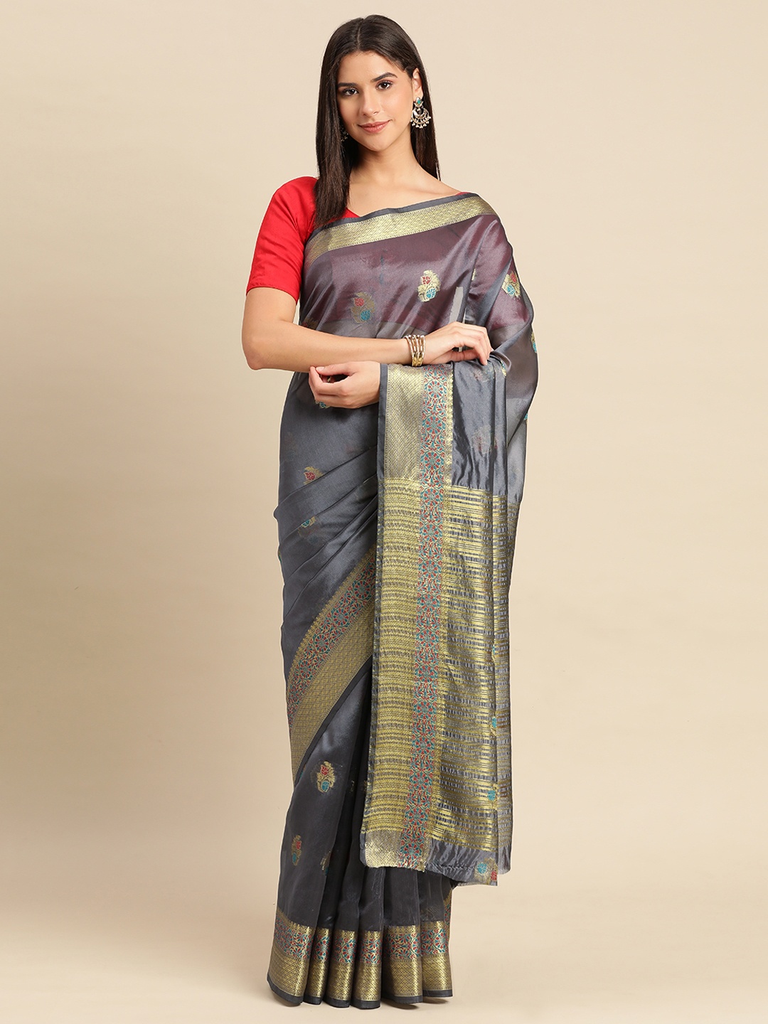 

Indian Women Ethnic Motifs Zari Organza Saree, Grey