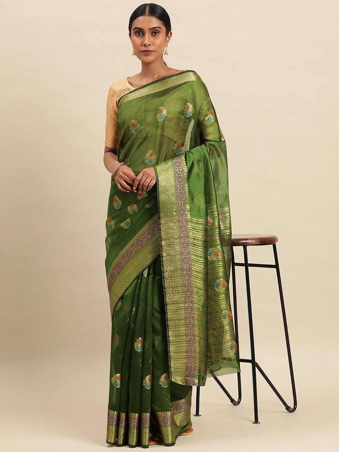 

Indian Women Ethnic Motifs Zari Organza Saree, Green