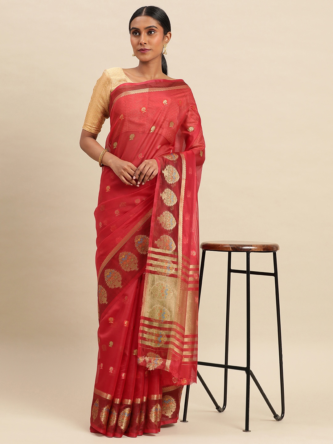 

Indian Women Floral Zari Organza Saree, Red