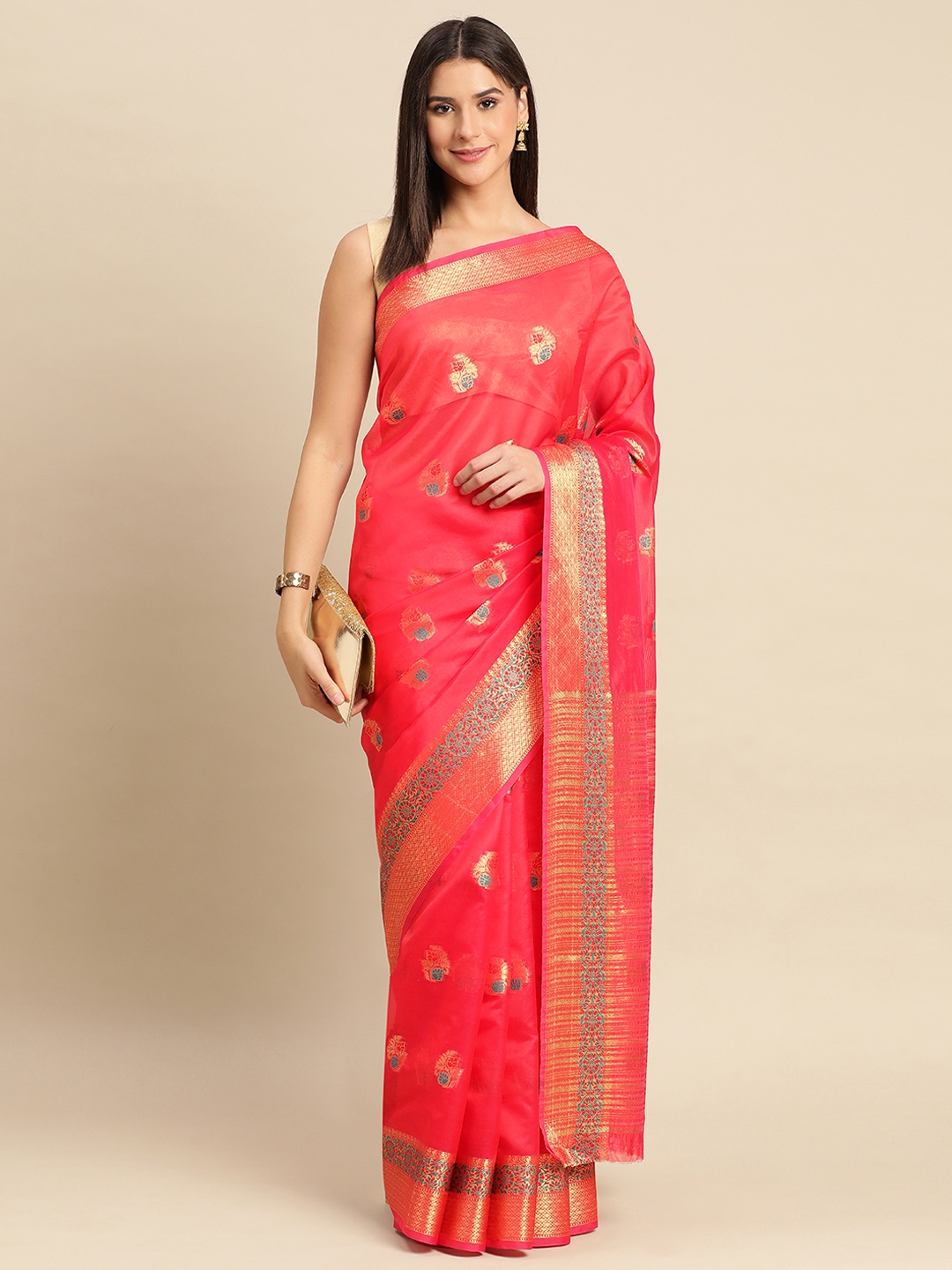 

Indian Women Ethnic Motifs Zari Organza Saree, Coral