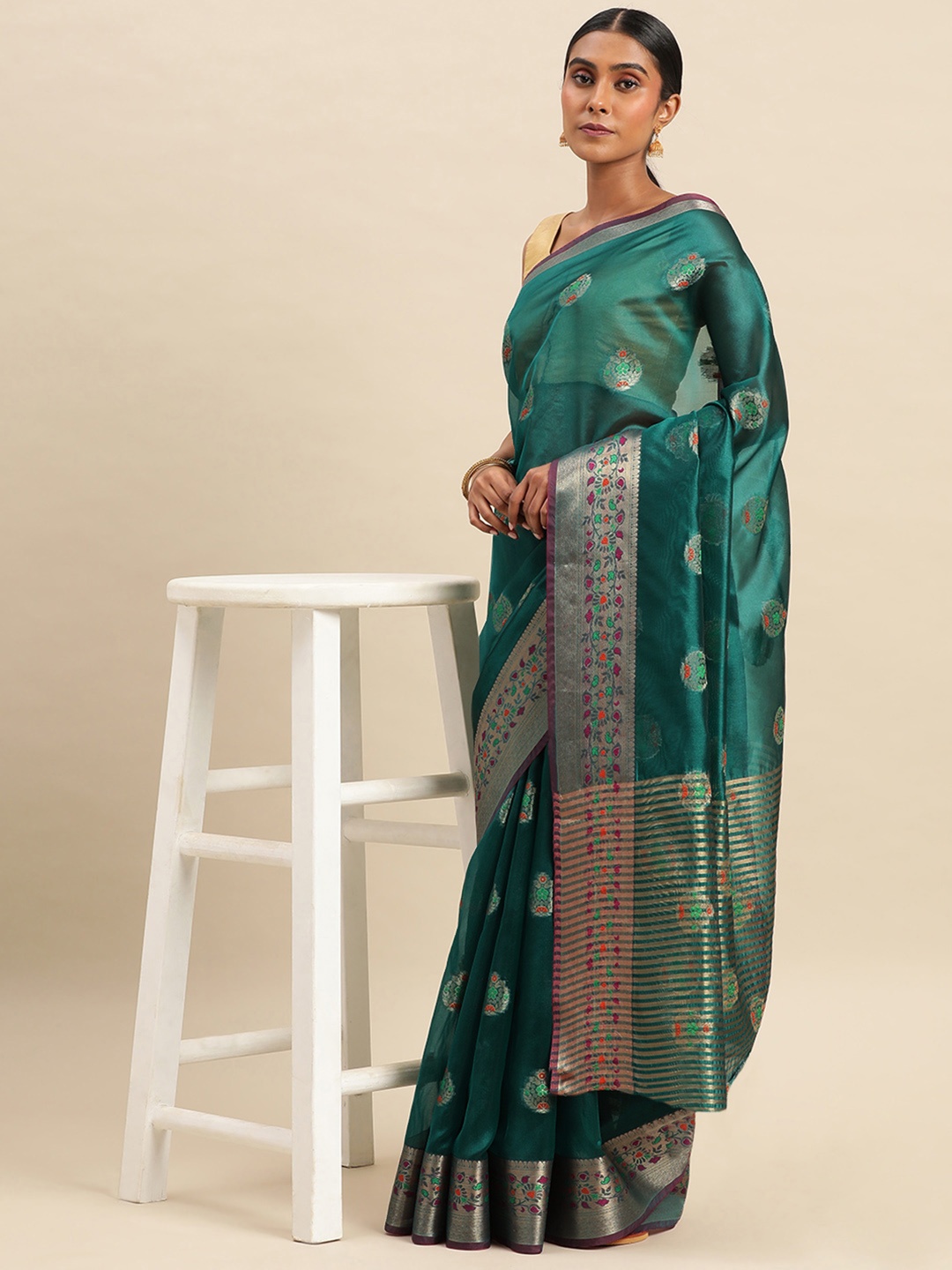 

Indian Women Ethnic Motifs Zari Organza Saree, Teal