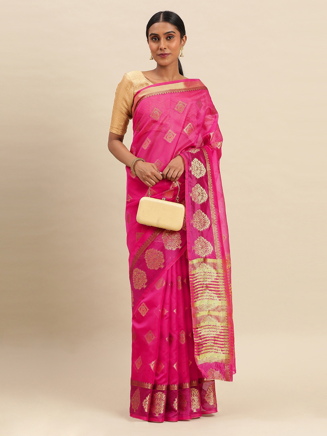 

Indian Women Zari Organza Saree, Pink