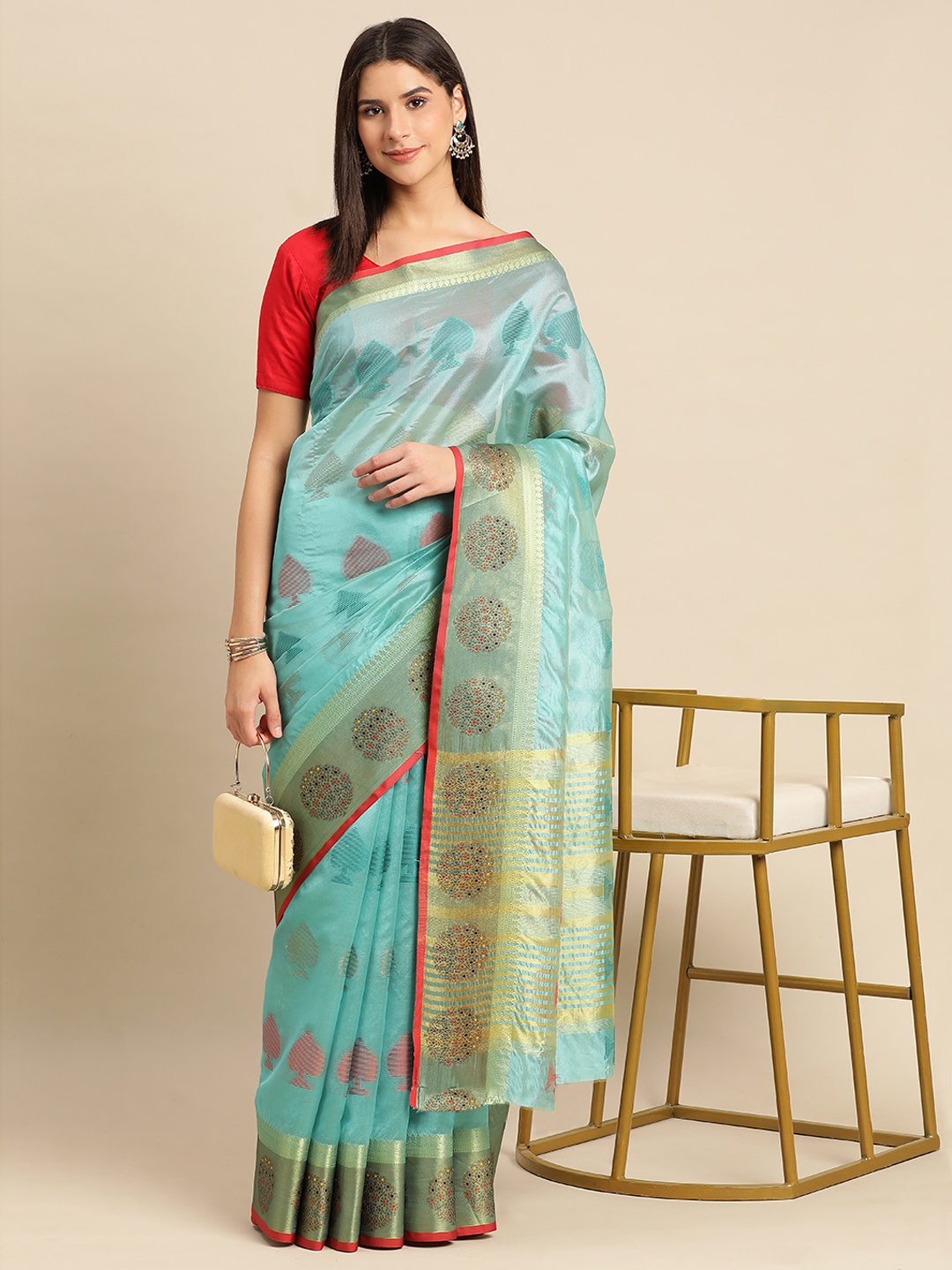 

Indian Women Ethnic Motifs Zari Organza Saree, Turquoise blue