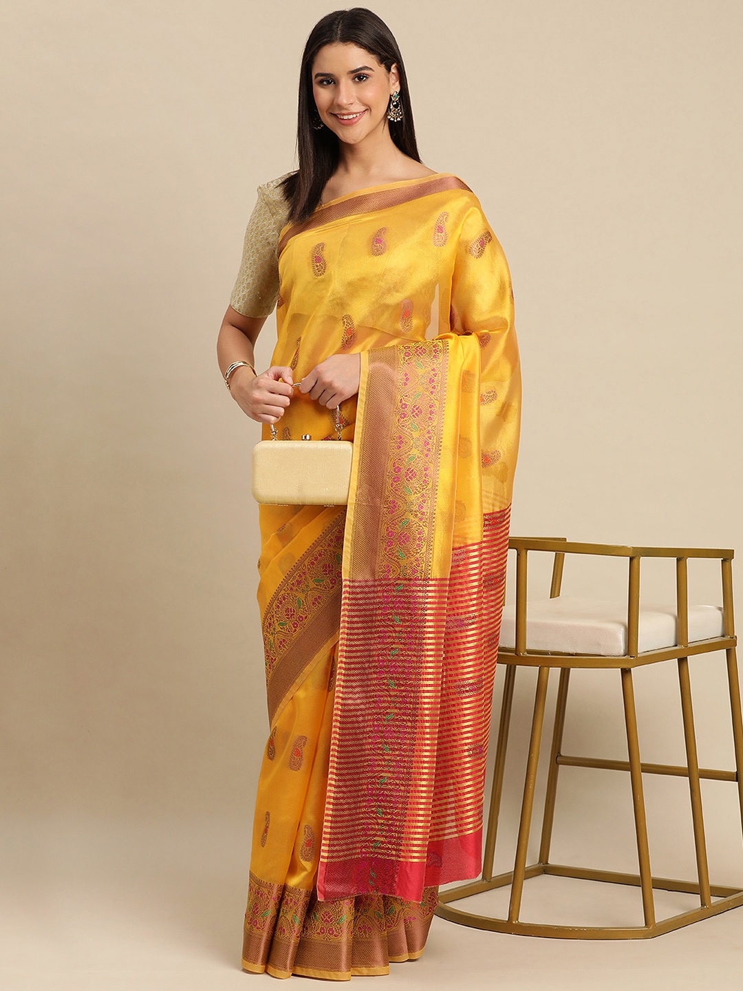 

Indian Women Ethnic Motifs Zari Organza Saree, Yellow