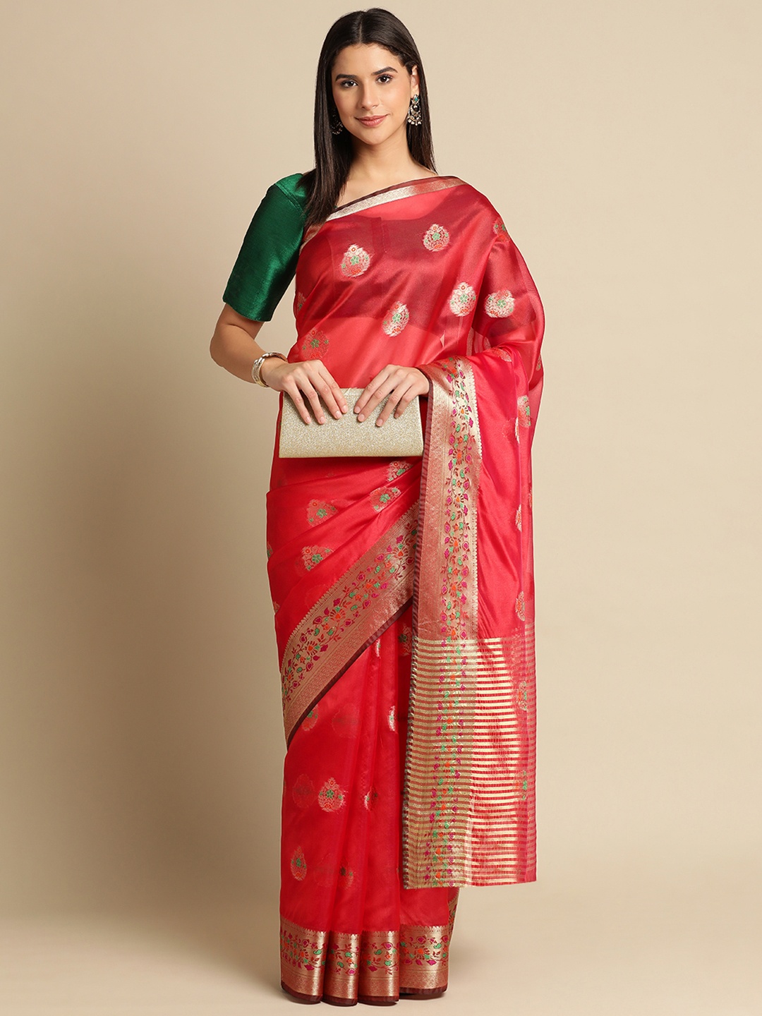 

Indian Women Ethnic Motifs Zari Organza Saree, Pink