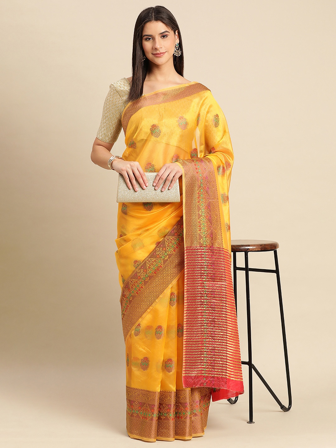 

Indian Women Ethnic Motifs Zari Organza Saree, Yellow
