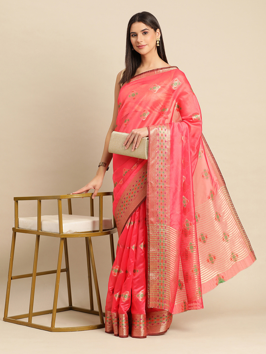 

Indian Women Ethnic Motifs Zari Organza Saree, Pink