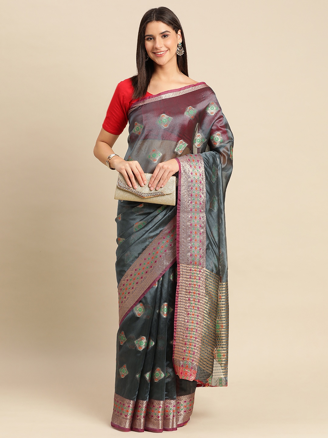 

Indian Women Ethnic Motifs Zari Organza Saree, Grey