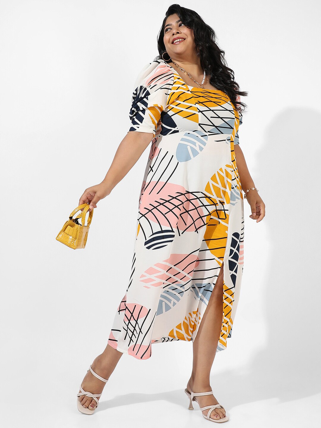 

Instafab Plus Size Geometric Printed A-Line Midi Dress, White