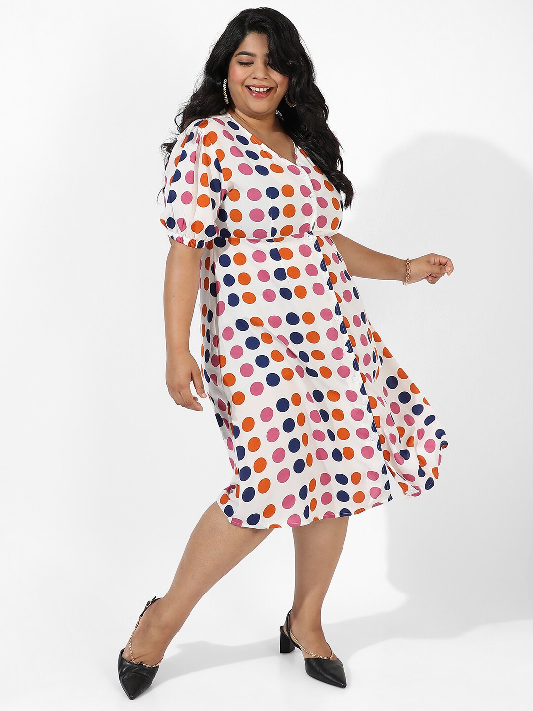 

Instafab Plus Size Polka Dot Printed Puff Sleeves Shirt Midi Dress, White