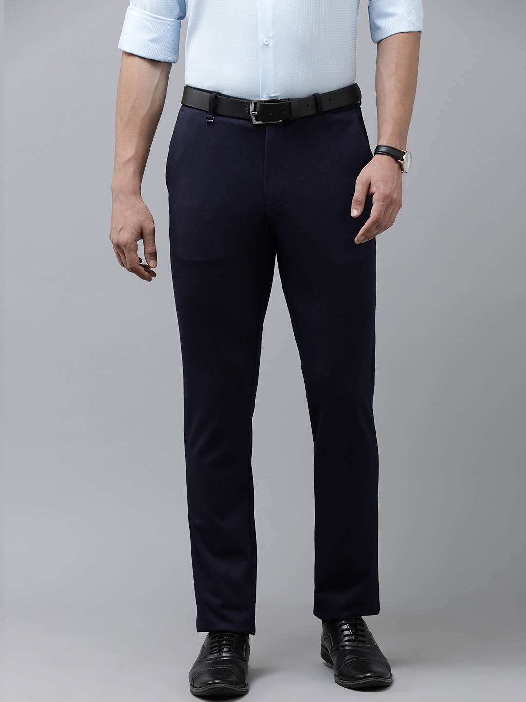 

V Dot Men Navy Blue Textured Skinny Fit Trousers