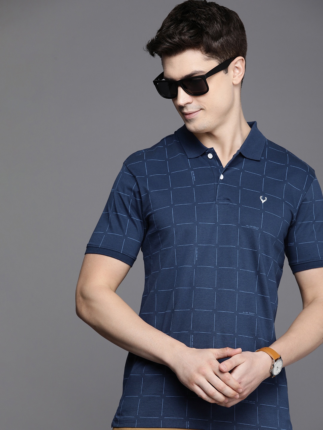 

Allen Solly Men Printed Polo Collar Pure Cotton T-shirt, Navy blue