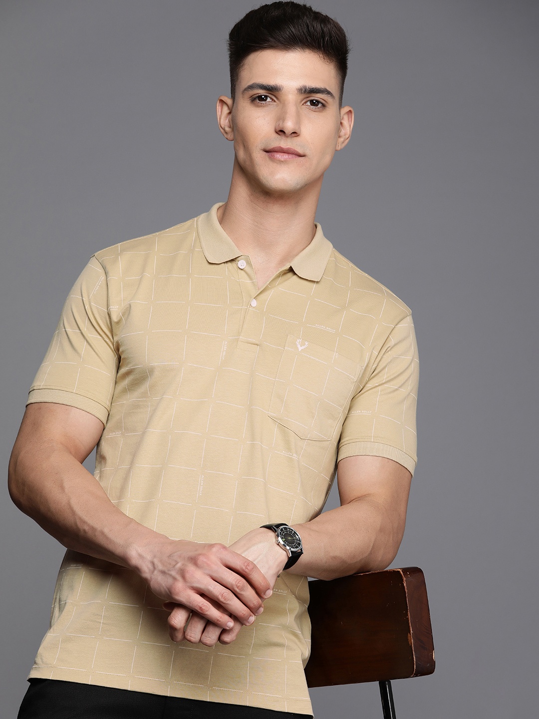 

Allen Solly Men Printed Polo Collar Pure Cotton Pockets T-shirt, Beige