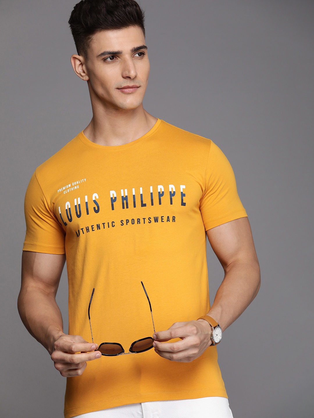 

Louis Philippe Sport Men Brand Logo Printed Pure Cotton Slim Fit T-shirt, Orange