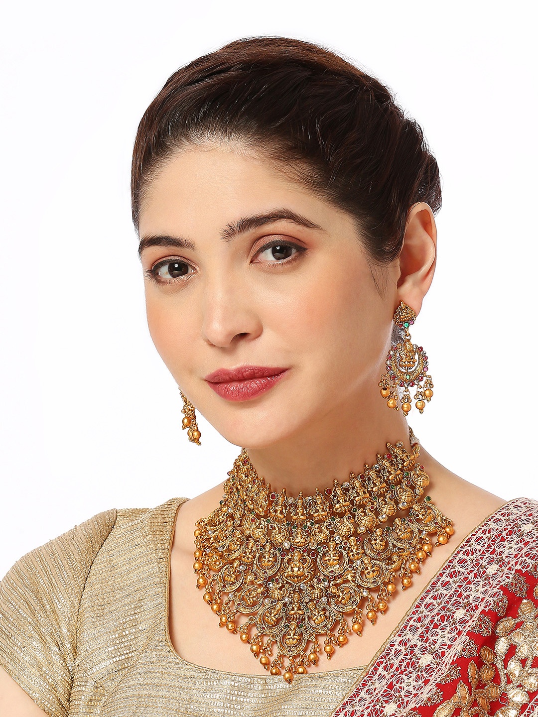 

OOMPH Stone Studded & Beaded Temple Jewellery Set, Gold