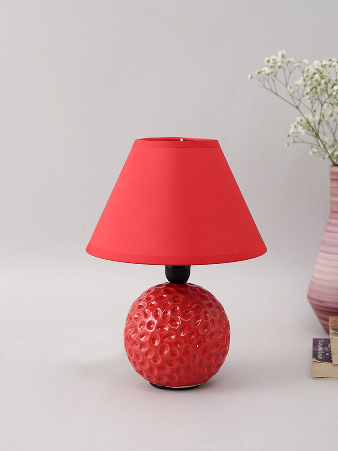 

TAYHAA Red Textured Ceramic Round Table Lamp