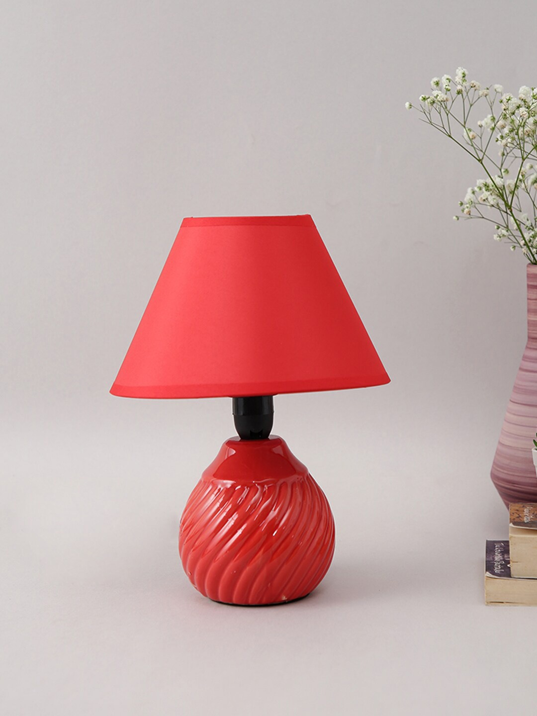 

TAYHAA Red Textured Ceramic Round Table Lamp