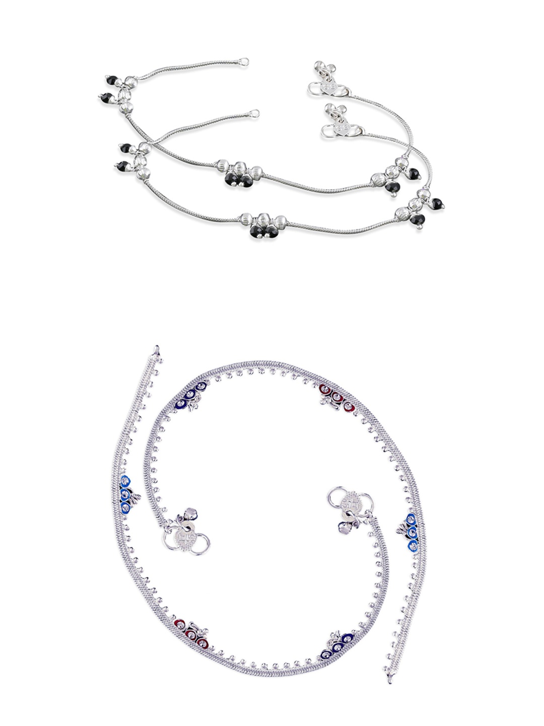 

RUHI COLLECTION Set Of 2 Silver-Plated Stone-Studded & Black Beaded Anklets