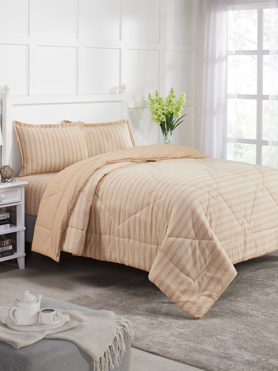 

MYTRIDENT Mustard-Yellow White Striped Double King Bedding Set