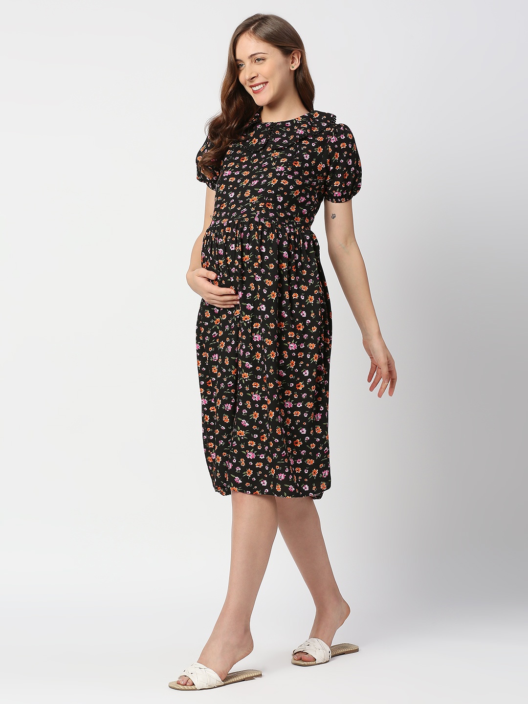 

MeeMee Floral Printed Peter Pan Collar Cotton Maternity Fit & Flare Dress, Black