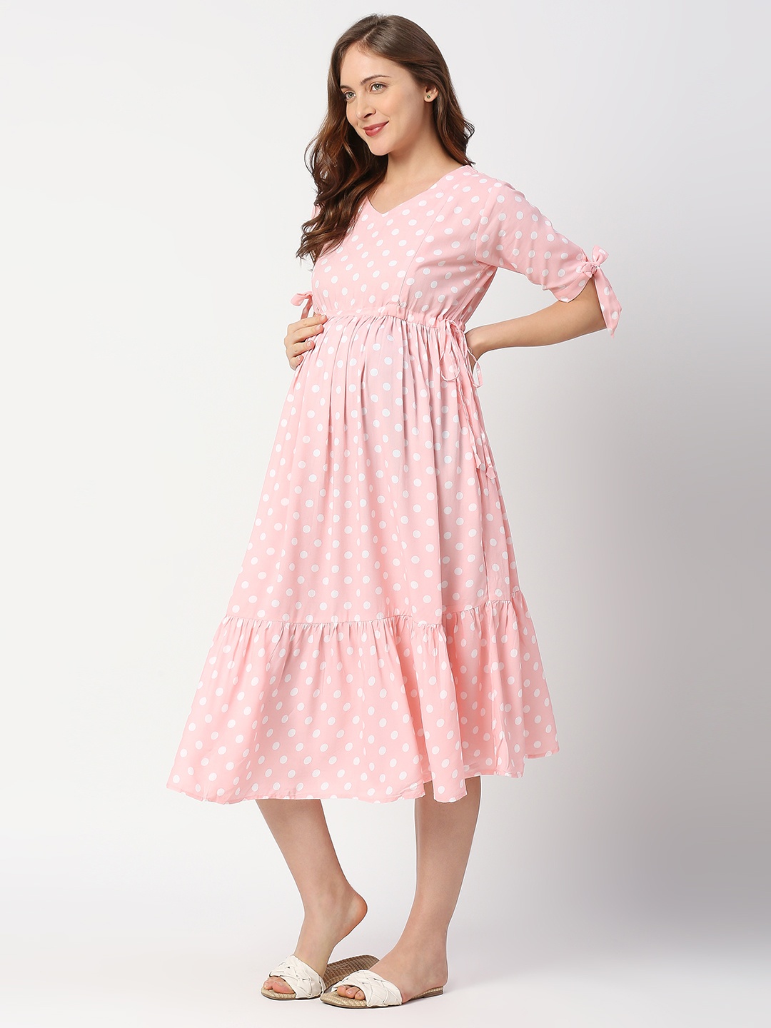 

MeeMee Polka Dots Printed Cotton Maternity Fit & Flare Midi Dress, Pink