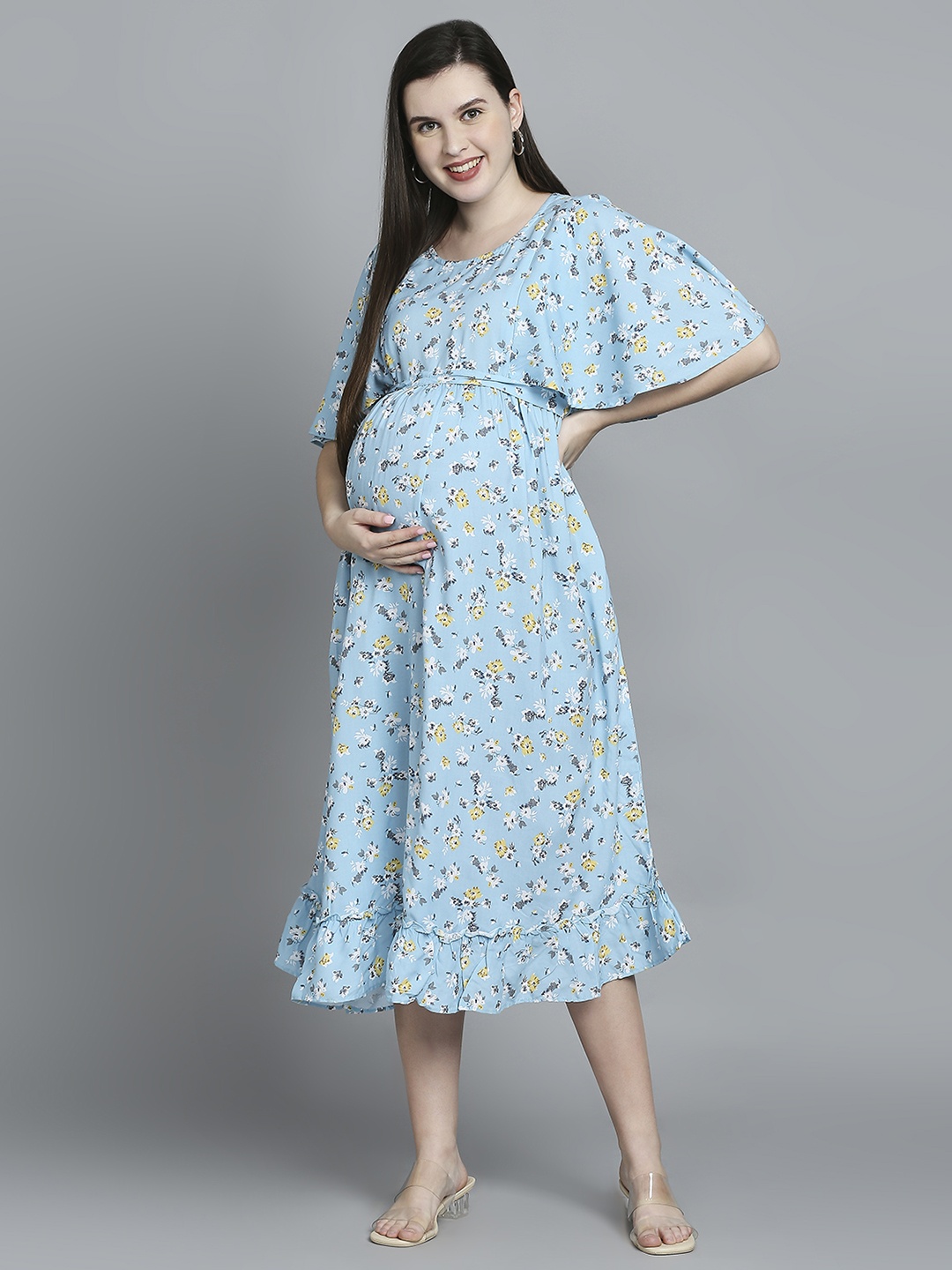 

MeeMee Floral Printed Flared Sleeve Maternity A-Line Midi Dress, Blue