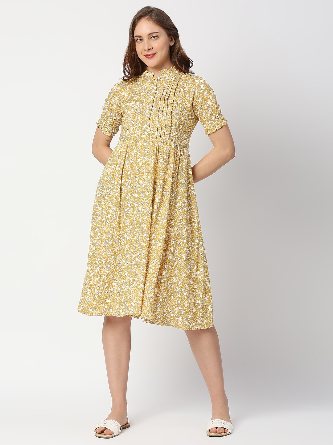 

MeeMee Floral Printed Ruffled Cotton Maternity A-Line Dress, Yellow