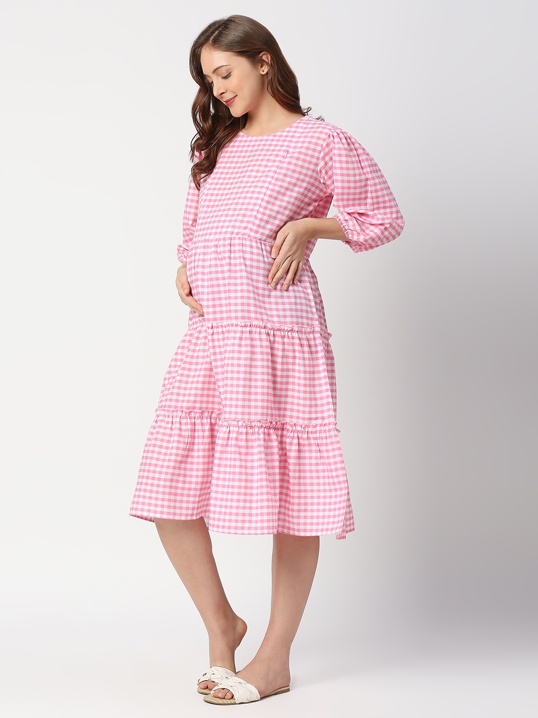 

MeeMee Checked Puff Sleeve Tiered Maternity Cotton A-Line Dress, Pink