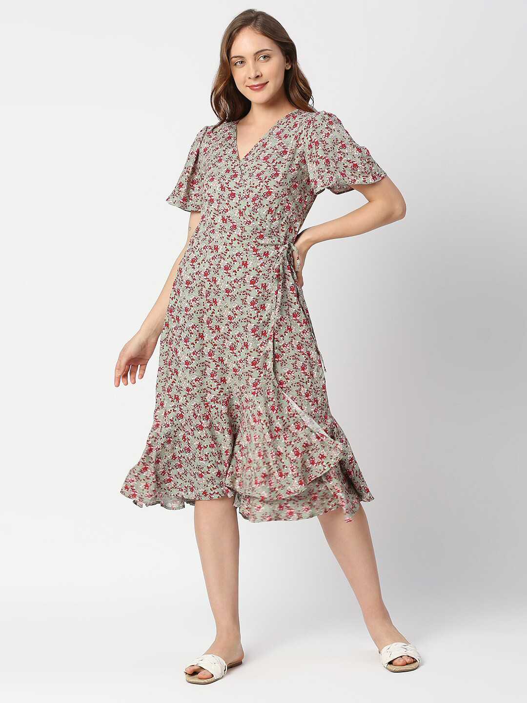 

MeeMee Floral Printed Flared Sleeves Cotton Wrap Midi Dress, Grey