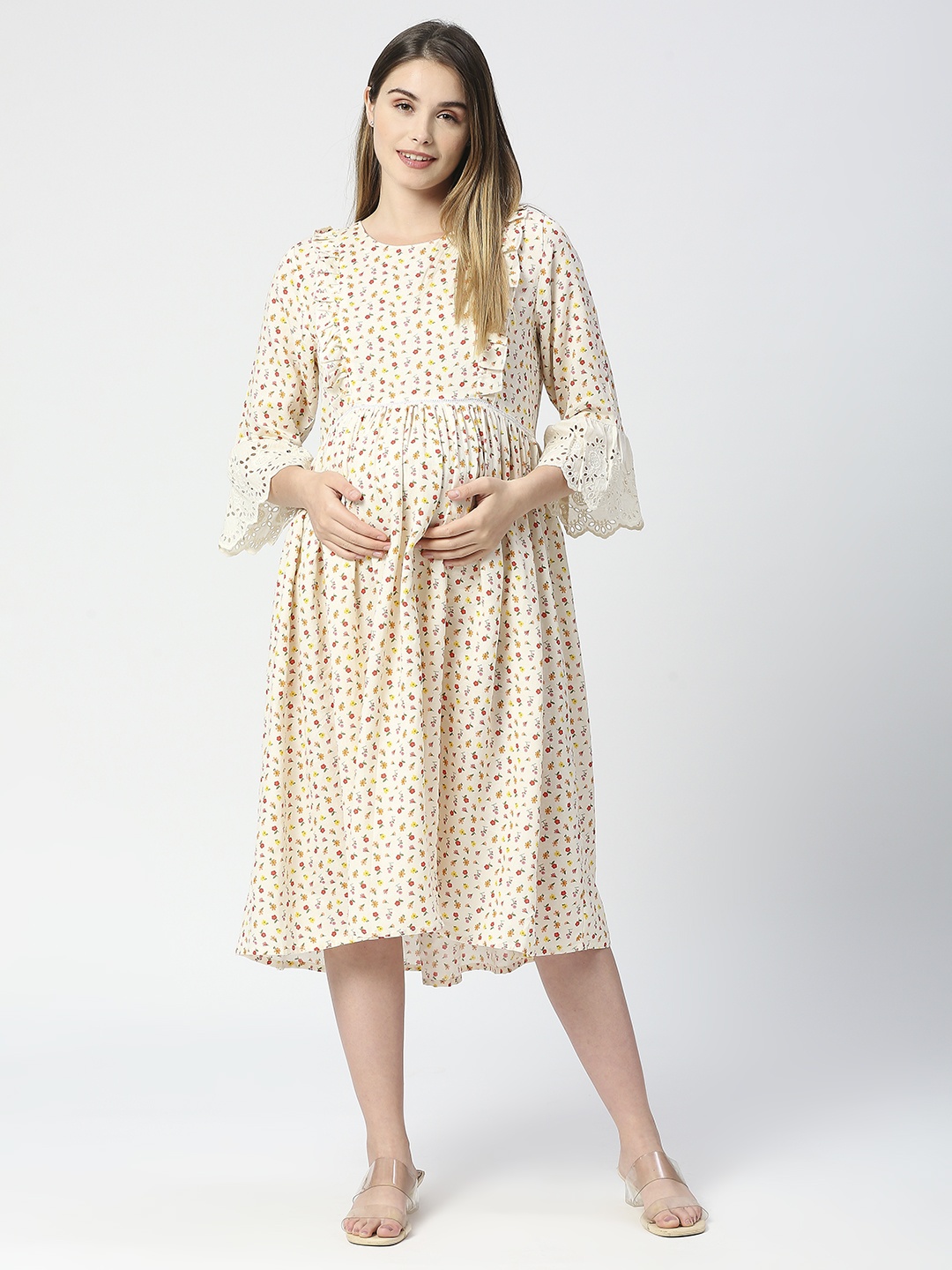 

MeeMee Floral Printed Bell Sleeves Maternity Cotton Fit & Flare Midi Dress, Off white