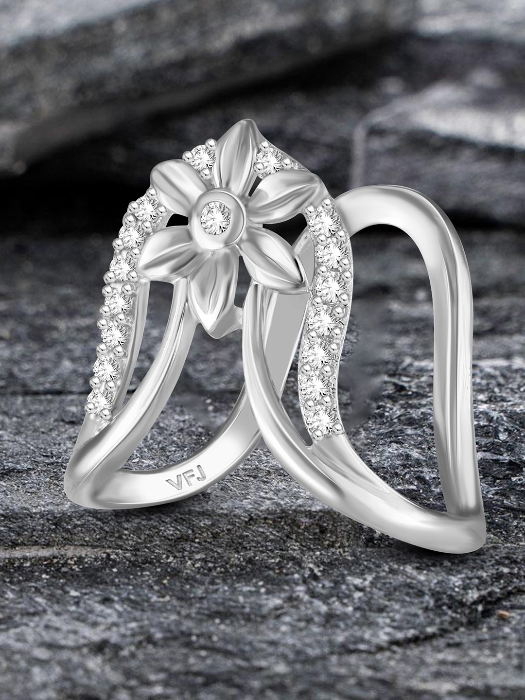 

Vighnaharta Rhodium-Plated Floral Designed Cuffed Brass Finger Ring, Silver