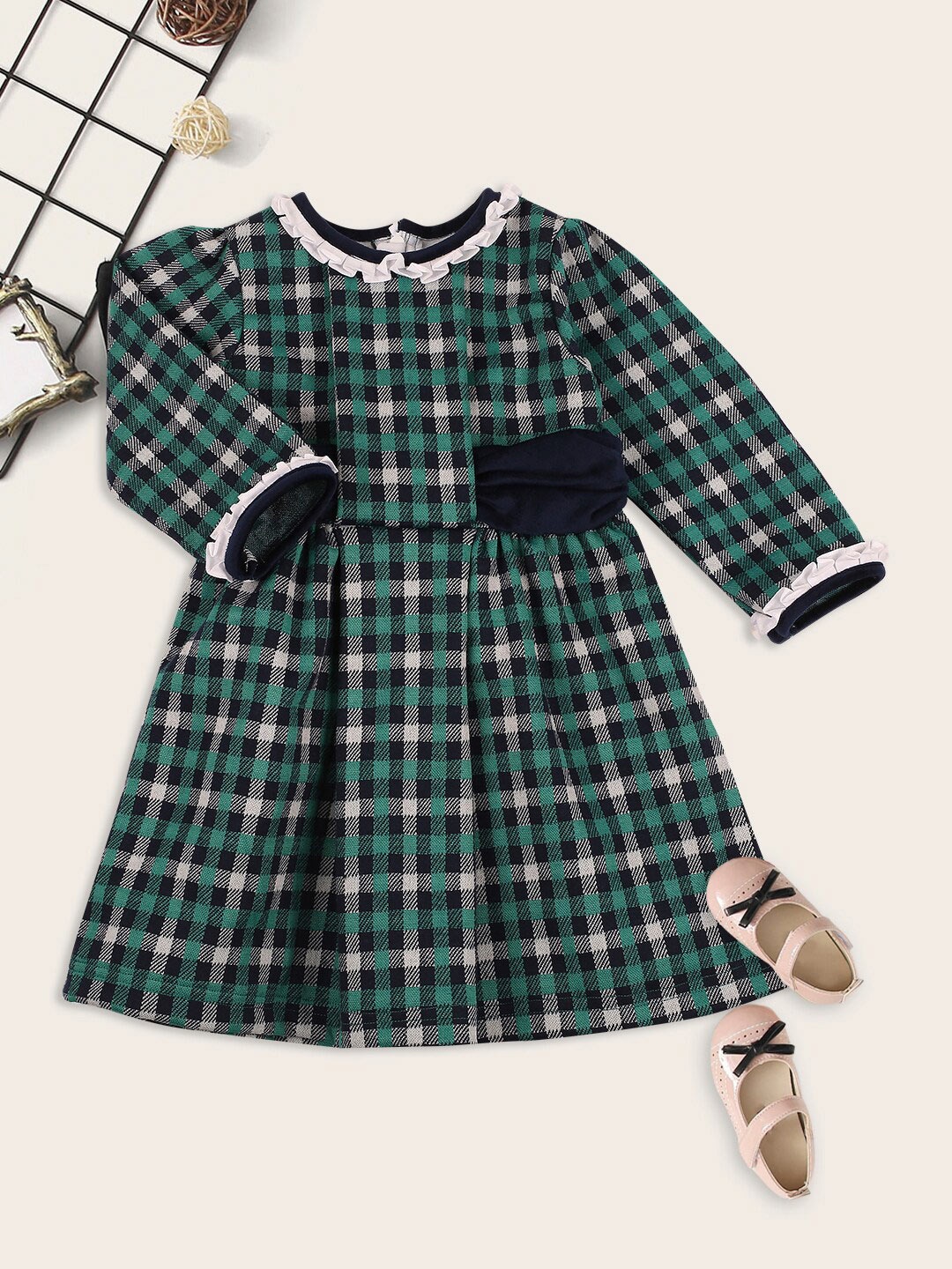

MeeMee Girls Checked Printed Cotton Fit & Flare Dress, Green